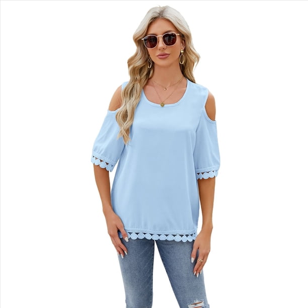 Blusa de Verano de Corta con Hombros Descubiertos y Encaje Acampanado para Mujer Azul S