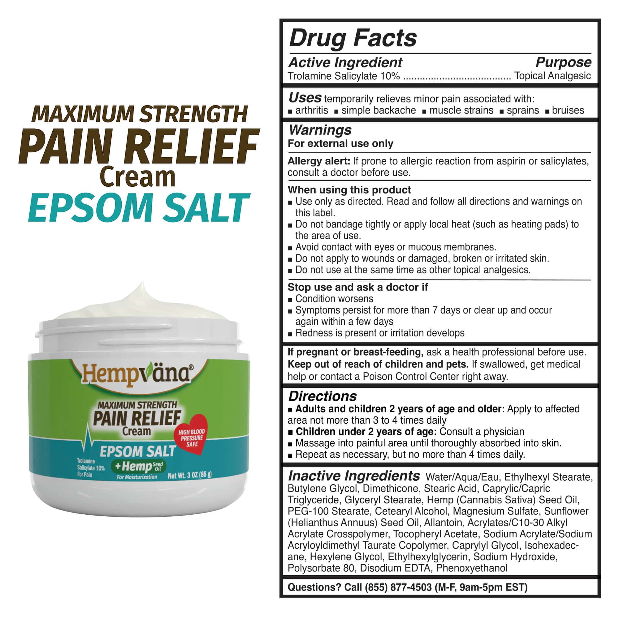 Hempvana Epsom Salt Maximum Strength Pain Relief Cream, 3 oz