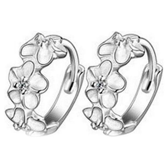 Opolski Lady Sweet Flower 925 Sterling Silver Plated Rhinestone Huggie Earrings Hoops