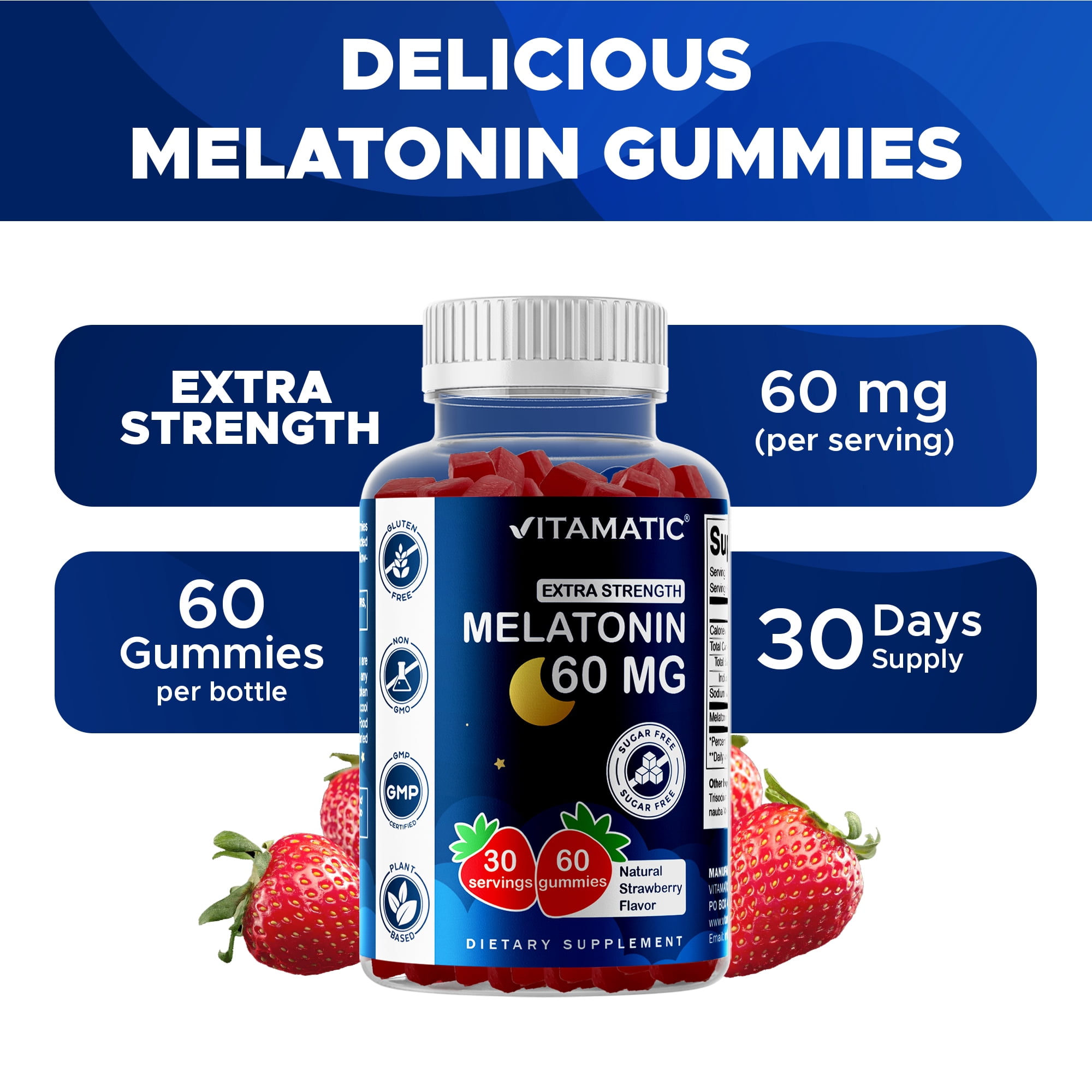 Vitamatic Sugar Free Melatonin 60mg - 60 Vegetarian Gummies - Non-Habit Forming Supplement - 2 Pack