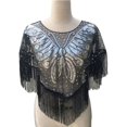 thumbnail image 7 of Women's Fringed Sequined Mesh Cropped Round Neck Shawl Casual Versatile Tassel Cape Small Outer Wear Wrap Silver, 7 of 7