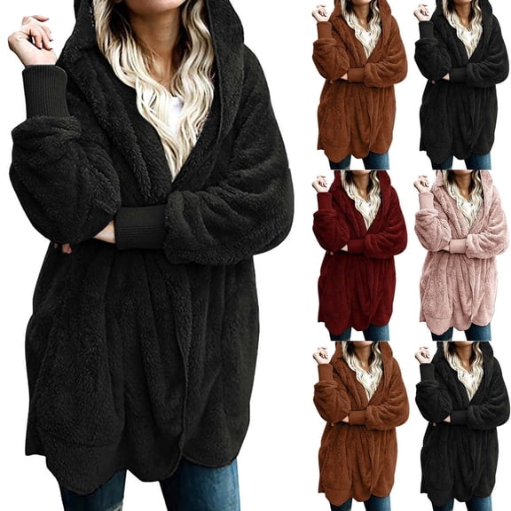 Lovzfmll Winter Coats for Women, Solid Color Plush Cardigan, Open Front Jacket with Pockets, Winter Clothing