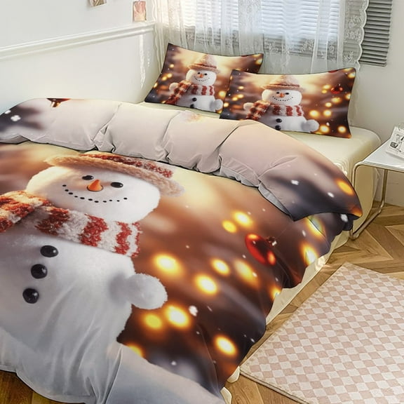 Merry Christmas Snowman Christmas Tree Duvet Cover Set Themed Multicolor Polyester Bedding Set for Bedroom Decoration