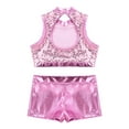 thumbnail image 4 of Moggemol Girls Two Piece Sequins Dance Outfit Cutout Back Crop Top with Shorts Gymnastics Tankini Pink 6, 4 of 5
