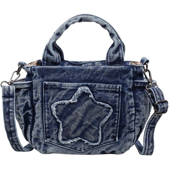 Hfppkn Star Print Denim Crossbody Handbag Y2K Multi-Pocket Shoulder Purse for Daily Use 23x10x18cm Blue