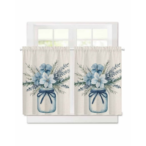 Blue Floral Short Blackout Curtains 45 Inch Long Vintage Daisy in Vase Farmhouse Flower Summer Rod Pocket Kitchen Curtains, 2 Panels Thermal Insulated Room Darkening Drapes for Bedroom, 30"W x 45"L