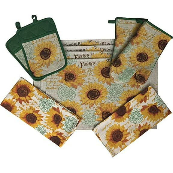 Set of 10, Sunflower Design Tapestry Kitchen Towel Set, Include 4 Placemats, 2 Kitchen Towels, 2 Potholder 2 Oven mitt.