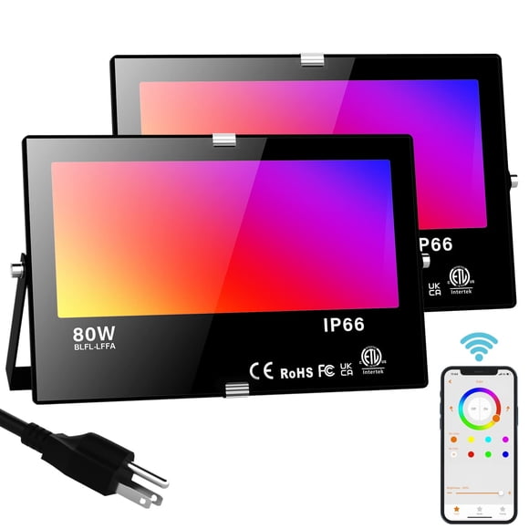 Projecteur LED Extérieur 800W Équivalent 8000LM, Projecteur Intelligent Changeant de Couleur avec Contrôle par Application, RGB & Blanc Chaud 2700K, Minuterie, IP6