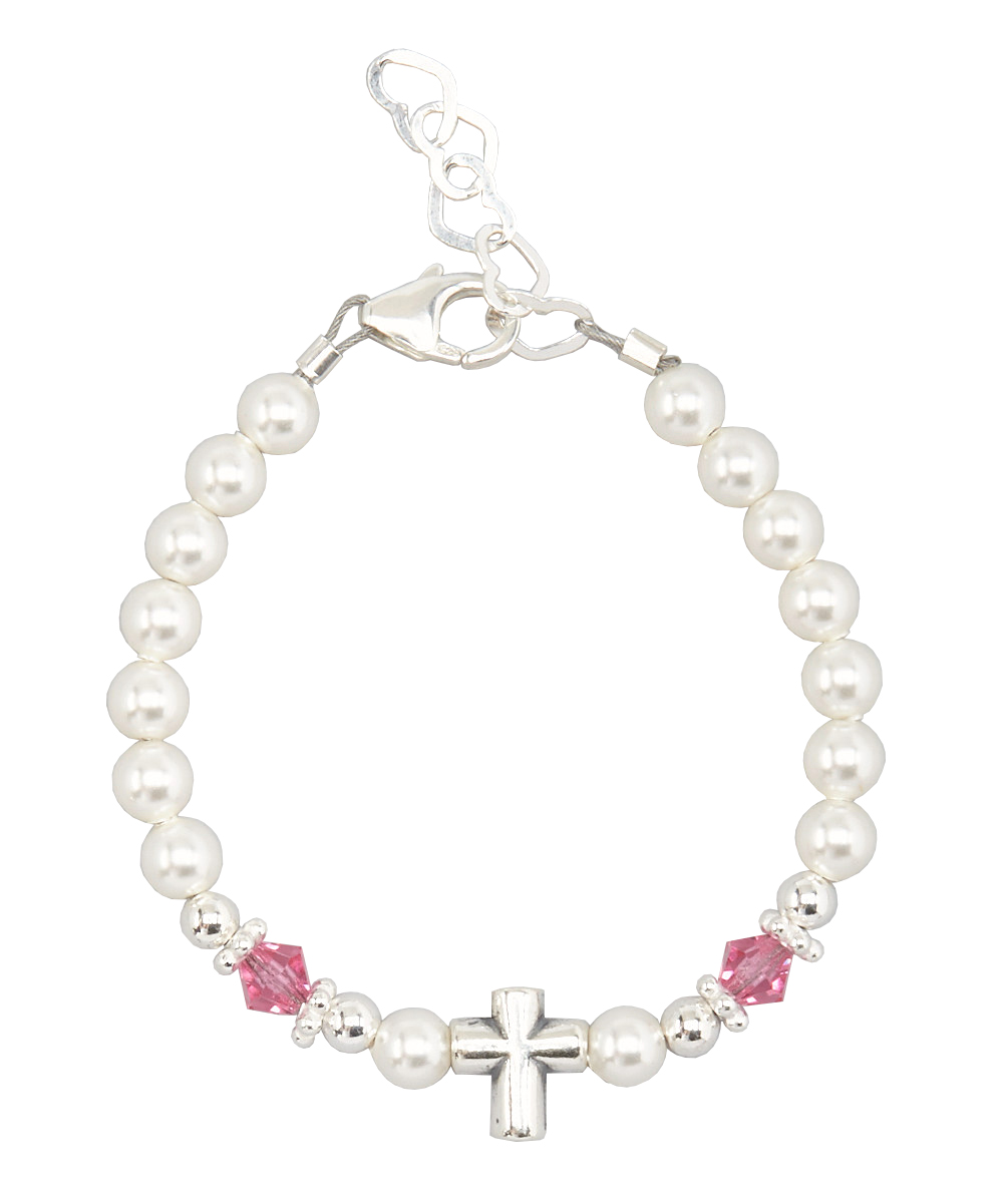 European White Pearls and Pink Crystals with Sterling Silver Cross Beaded Bracelet