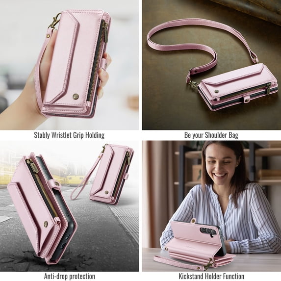 Allytechgroup Crossbody Wallet Case for Samsung Galaxy S10, Shoulder Strap Hand Wrist Cards Slots RFID Blocking Large Capacity Zipper Pocket Shockproof Phone Case for Girls Women, Pink