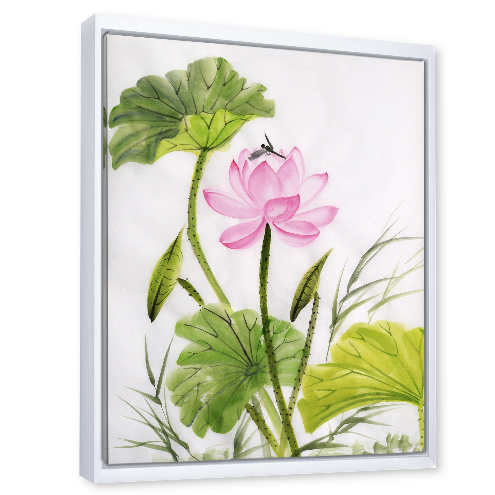 Designart 'Single Vintage Pink Lotus Flower With Green Leaves' Traditional Framed Canvas Wall Art Print