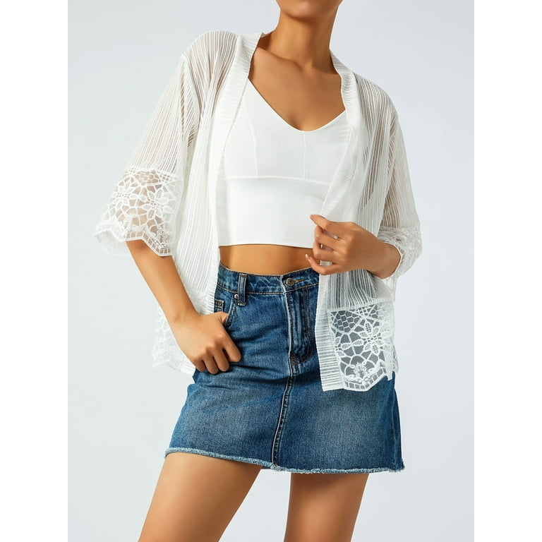 Licupiee Women Lace Crochet Cardigan Sheer Short Sleeve Ruffle Open Front Mesh Shrug Lightweight Cover Up