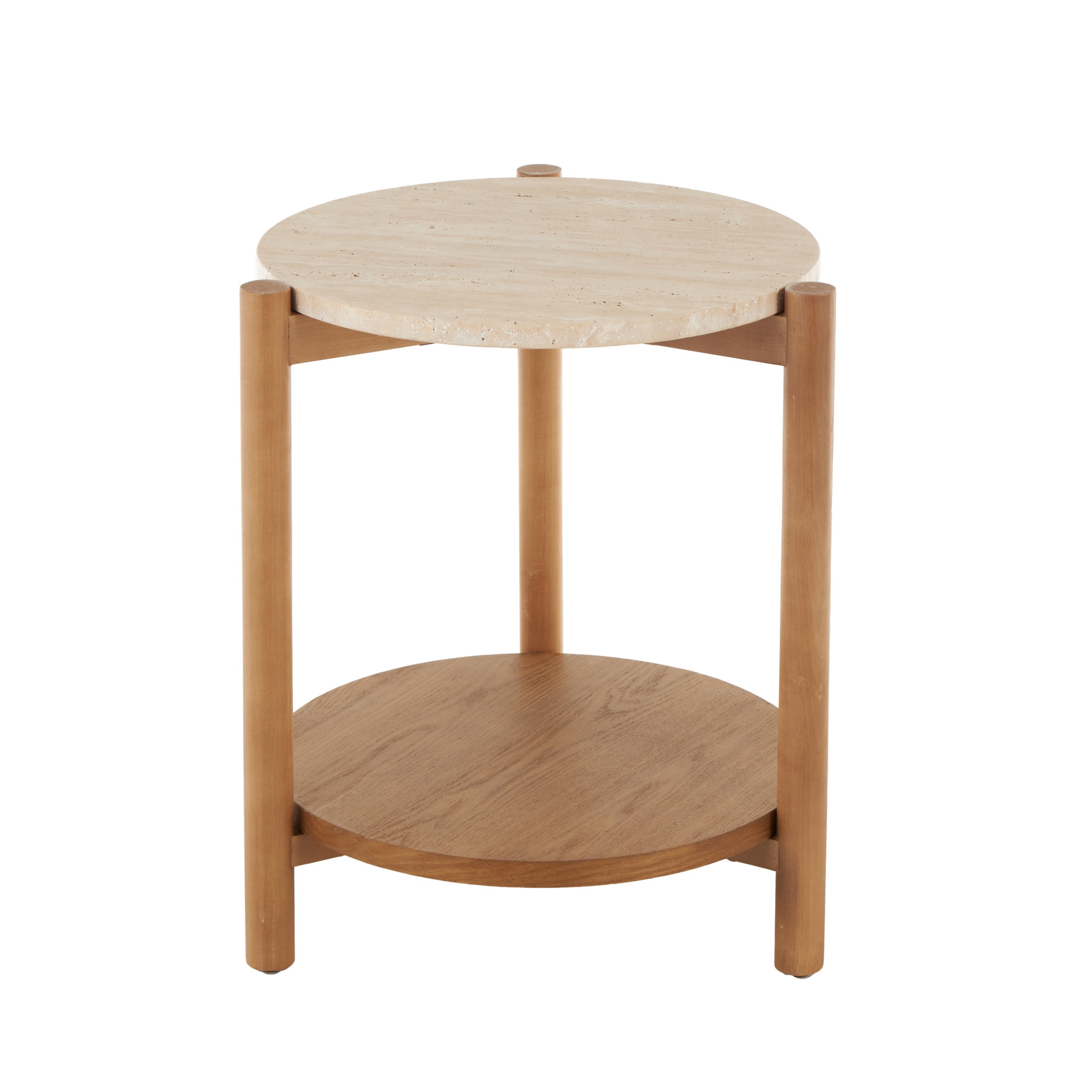 DecMode 16" x 20" Brown Wood Handmade Round Accent Table with Beige Round Marble Top, 1-Piece