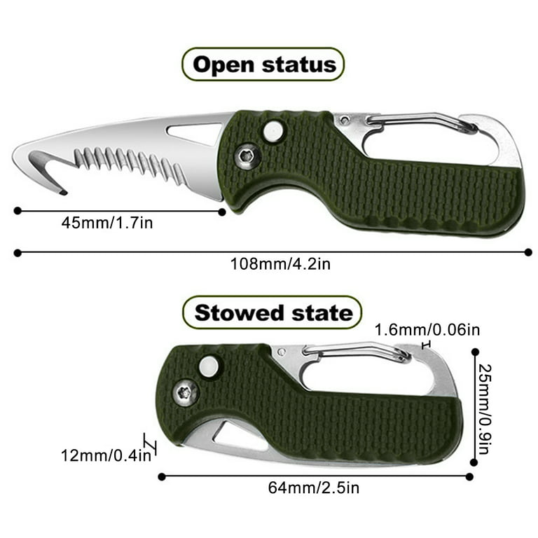 Package opener, Portable Utility Cutter, Small Pocket Box, Seatbelt, Strap Cutter  Knife, Razor Sharp Serrated Blade and Paratrooper Hook, Carabiner Keychain,  Safe, Survival EDC Folding Tool 