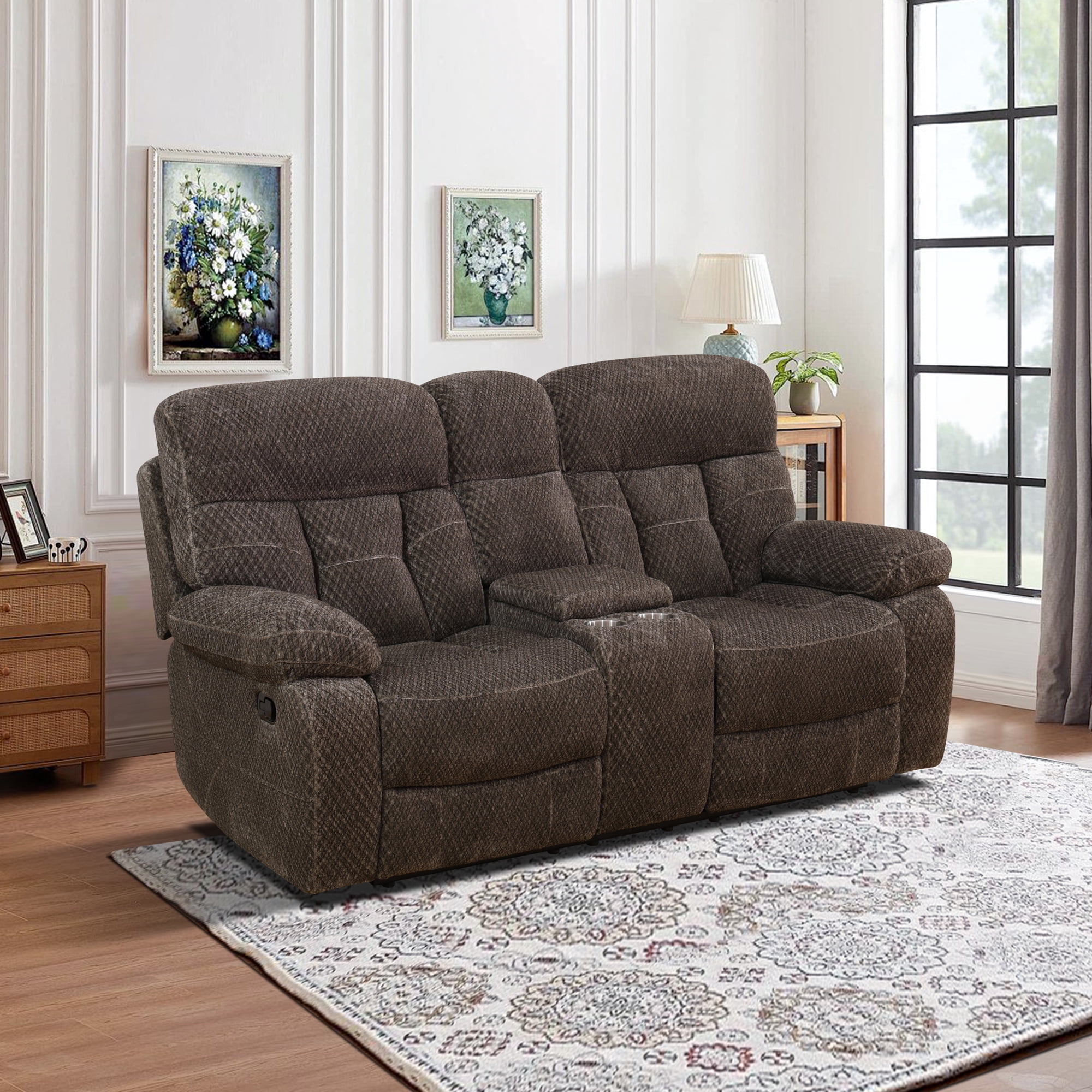 MAYEERTY Corduroy Recliner Loveseat, 2-Seater Ergonomic Reclining Sofa with Storage Bucket & Cup Holders, for Living Room & Apartment