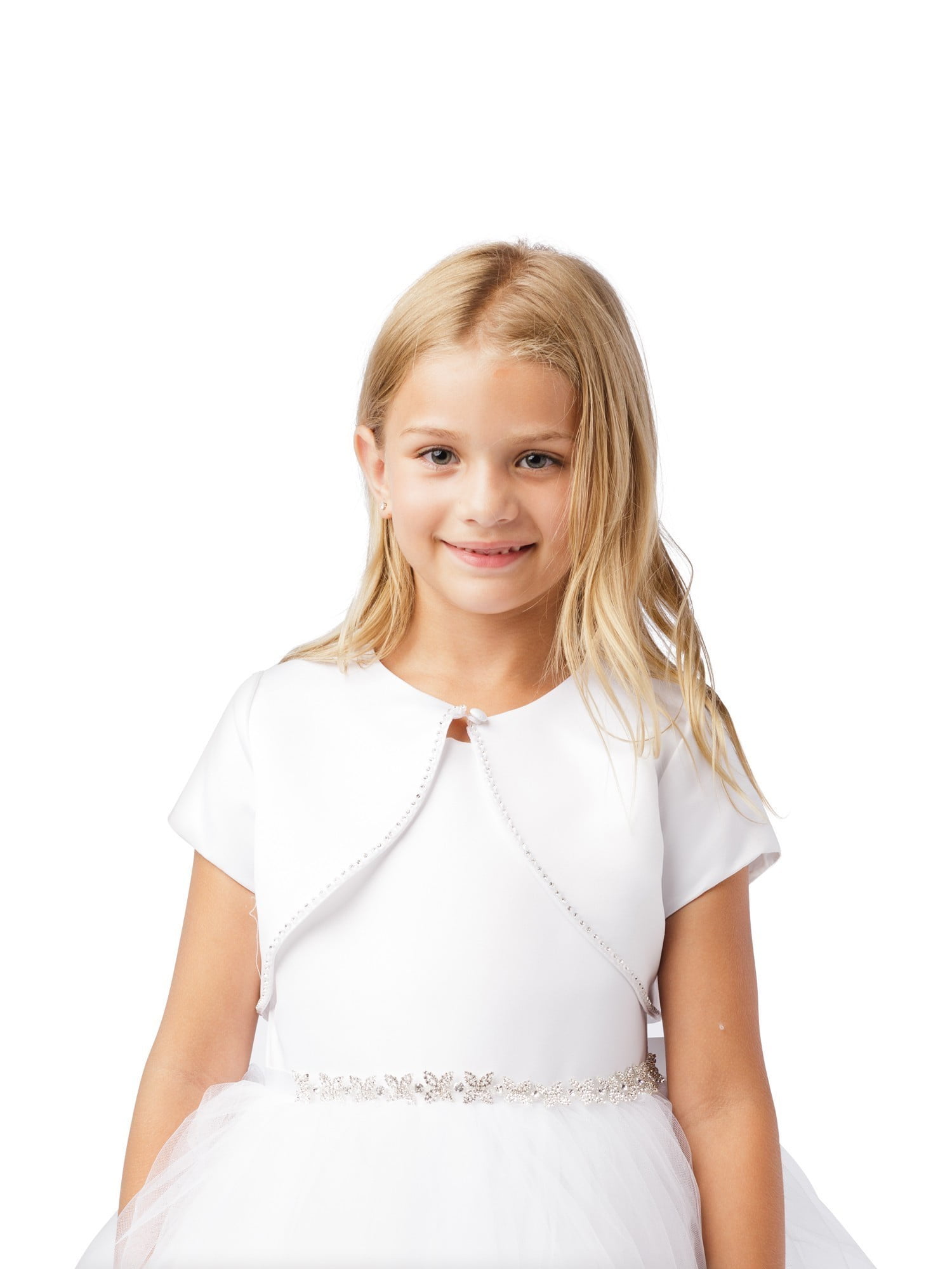 Tip Top Kids Girls White Short Sleeved Rhinestone Trim Satin Bolero