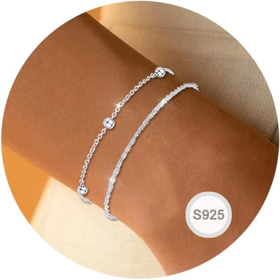 925 Sterling Silver Bracelets for Women Teens Layered Silver Dainty Bracelets Set Trendy Stackable Small Waist Bracelet Minimalist Silver Jewelry Gift for Women