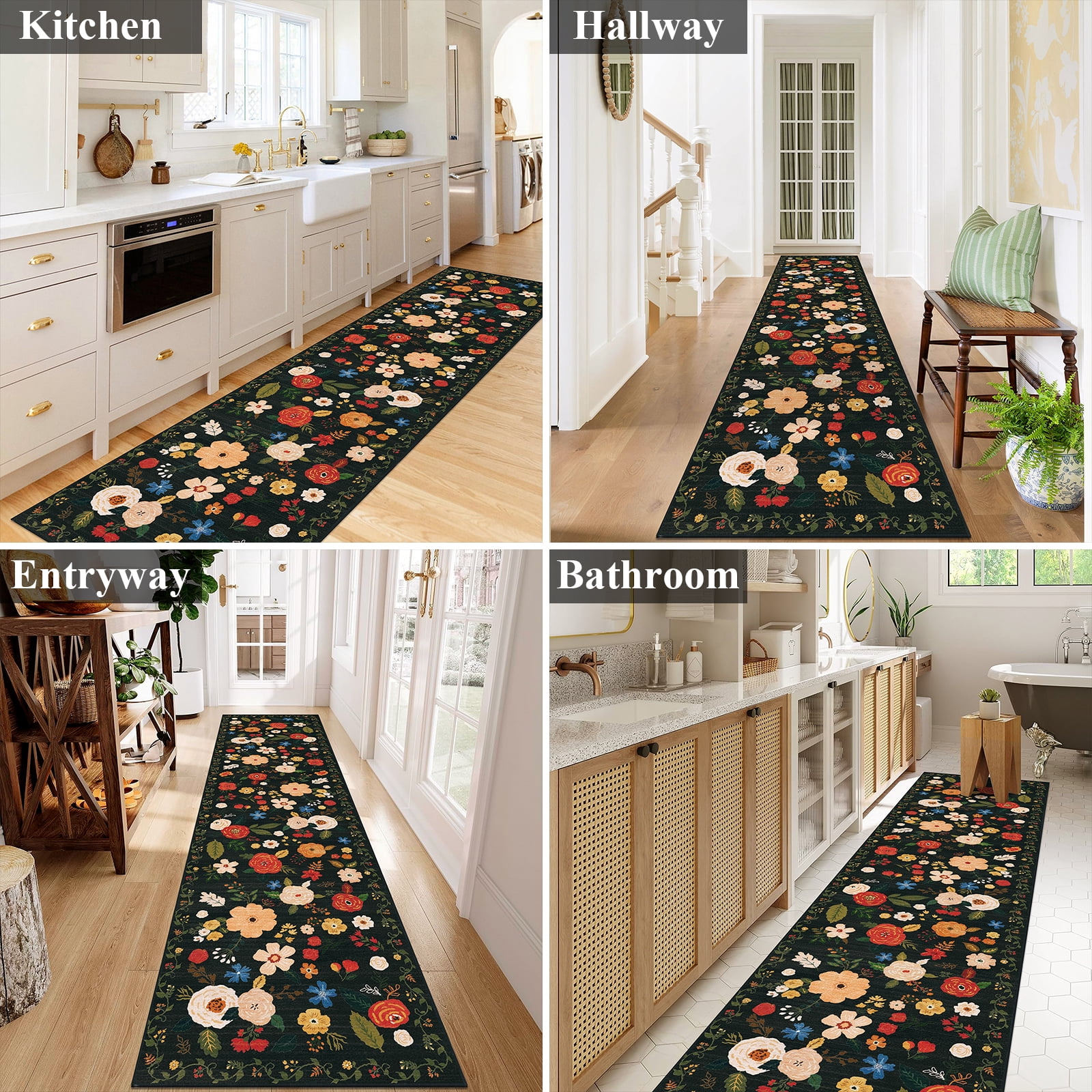 2'6''x 10' Boho Runner Rug for Hallways, Soft Non Slip Washable Runner Rug Floral Floor Carpet Runner Rug for Entryway Laundry Room Bathroom