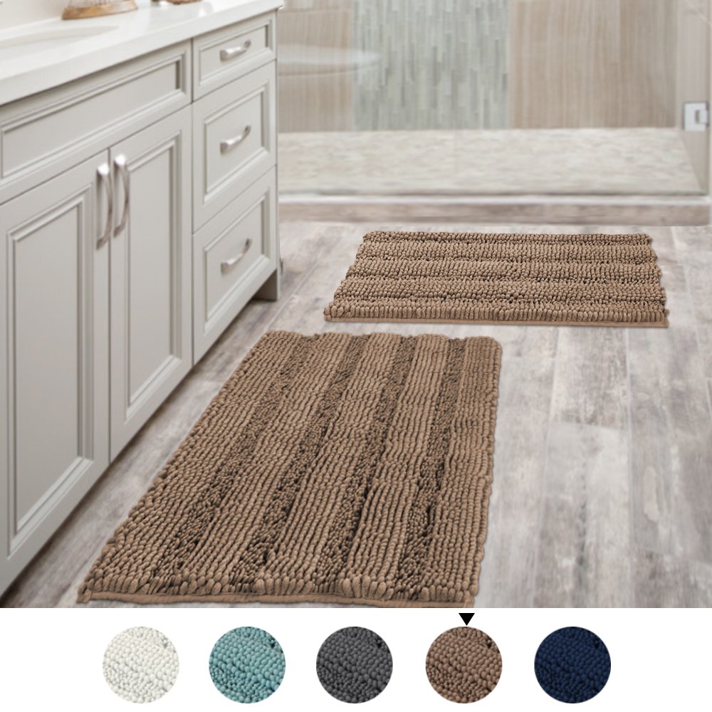 Extra Thick Striped Bath Rugs for Bathroom (Set of 2) Antislip Bath