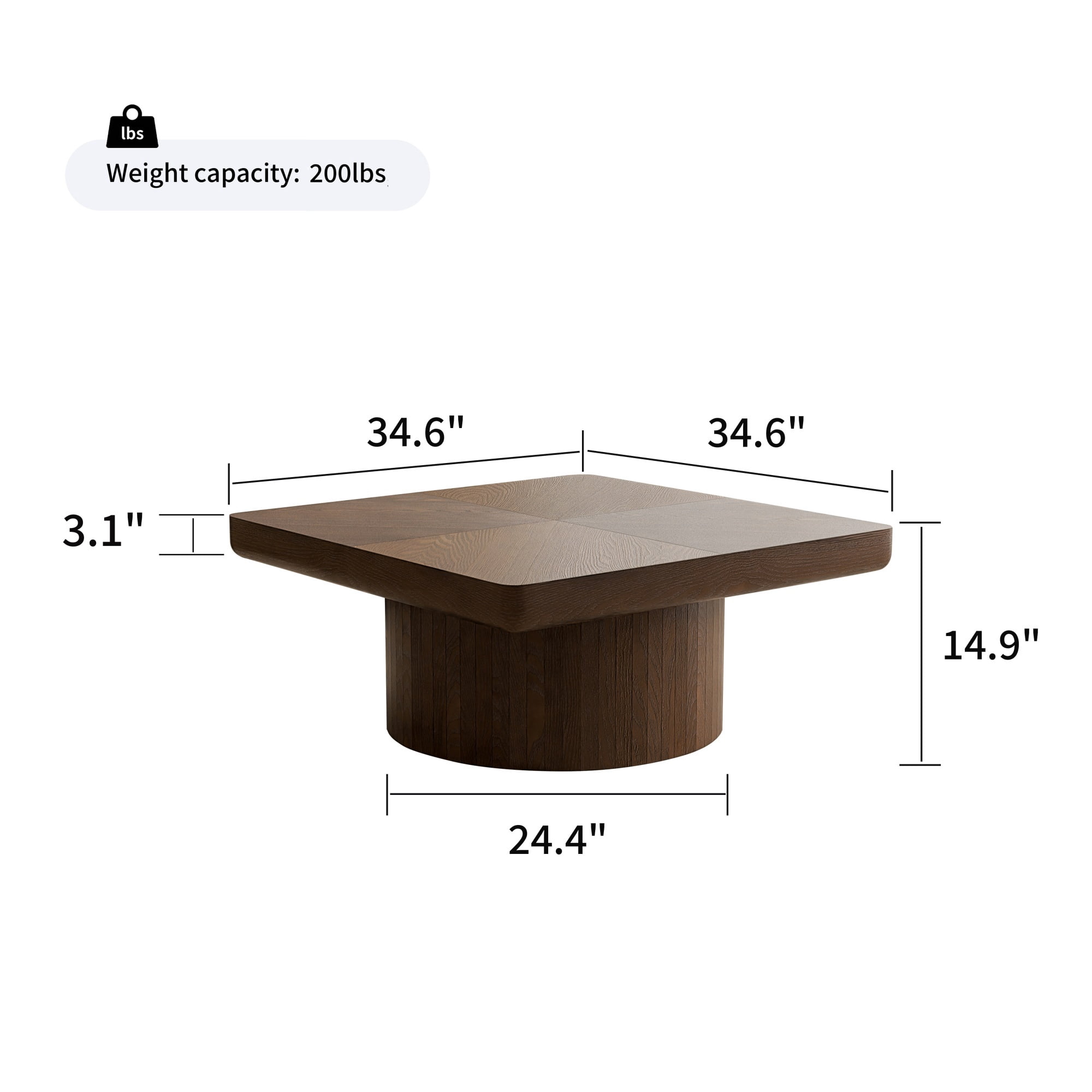 34.6'' Square Coffee Table with Fluted Cylindrical Base, Solid Wood End Table with Thickened Tabletop, Modern Cocktail Table