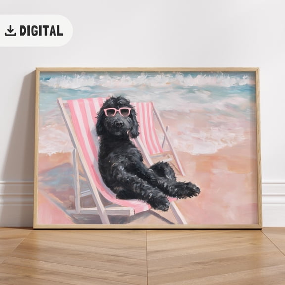 Black Doodle Vintage Summer Poster Goldendoodle Dog Beach Decoration Coastal Poster Wall Art Maximalist Decor Dopamine Art, Unframed Poster Size 8x12