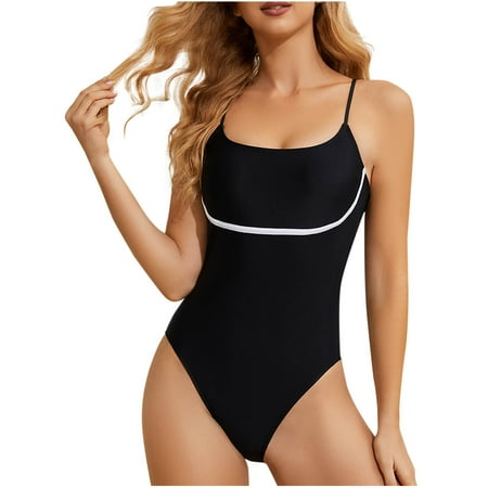 ZQGJB Women One Piece Tummy Control Bathing Suit High Cut Swimsuit Bottom Color Block Scoop Neck Push Up Padded Bikini Swimwear(Black M)