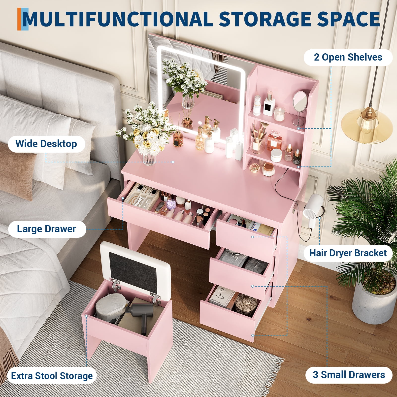 M optimized Vanity Desk with Mirror and Lights - Modern Makeup Dressing Table with Outlets, Storage Stool, 4 Drawers & Hair Dryer Holder - 3 Colors LED Vanity Mirror, Vanities for Bedroom
