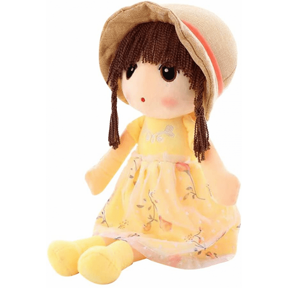 Ikasus girls rag doll, plush doll girl, plush stuffed toy with hood skirt plush toy baby girl sleep companion doll christmas birthday gift (yellow, 45cm)
