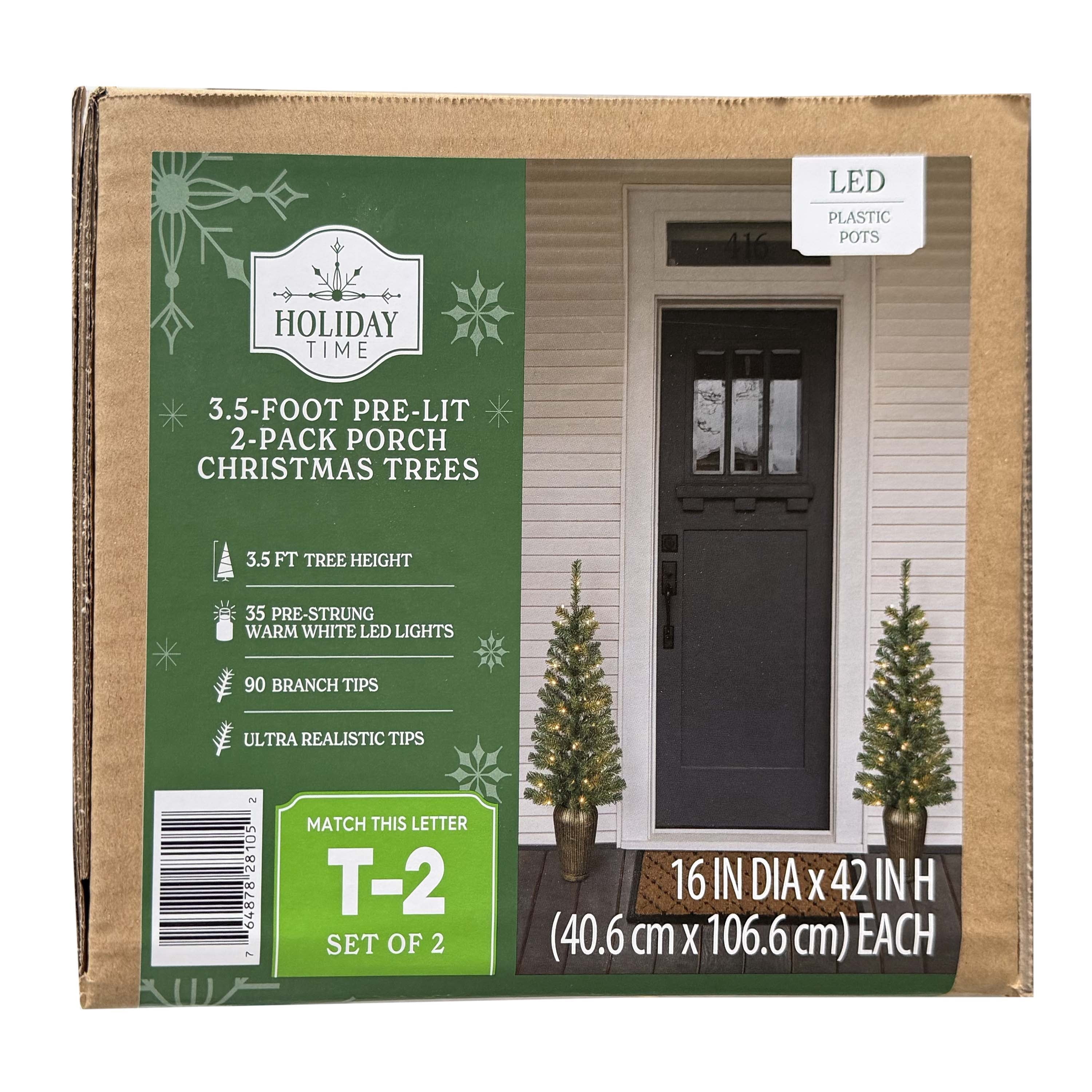 3.5' Pre-Lit Green Artificial Porch Christmas Trees with 35 Warm White LED Lights, 2 Count, by Holiday Time