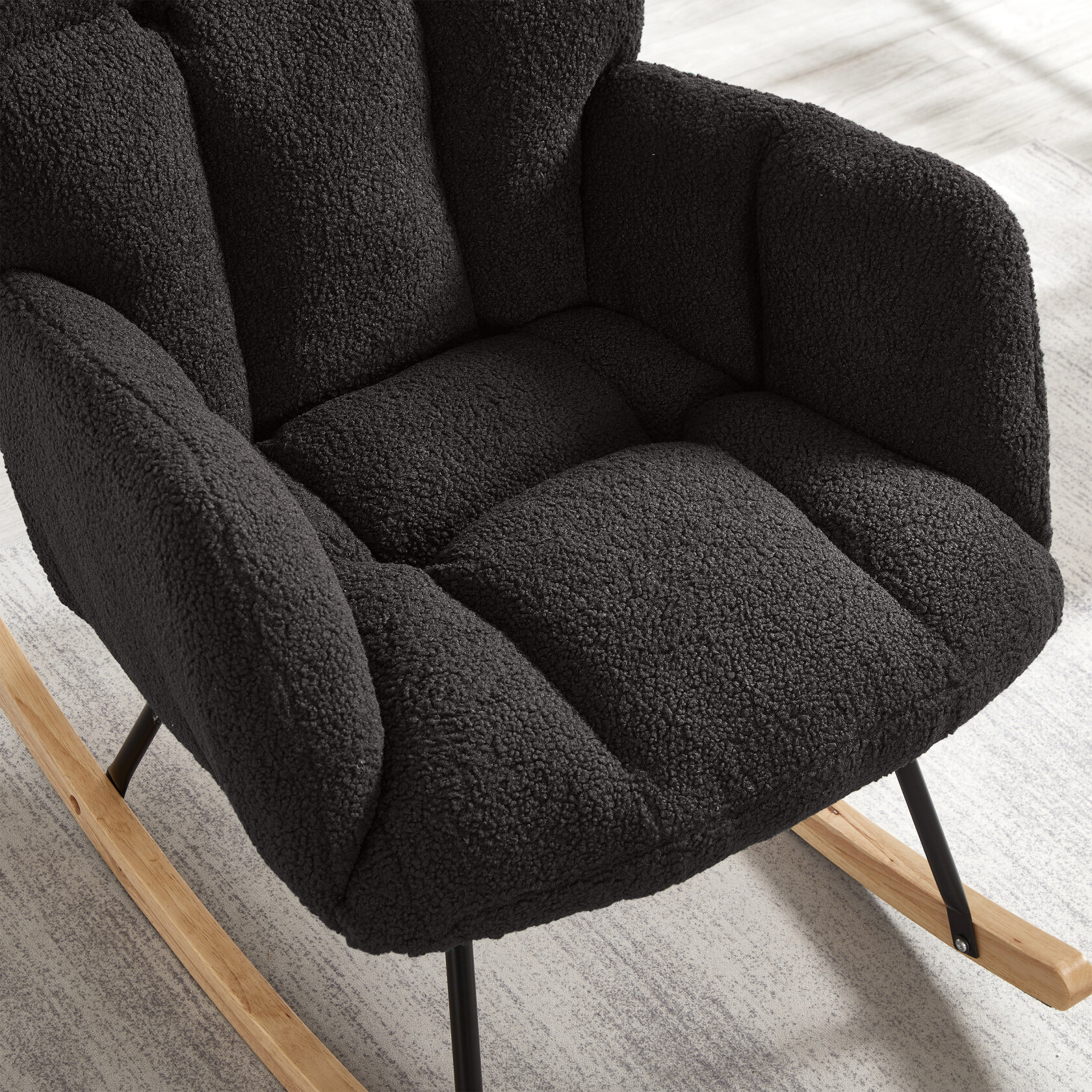 Nursery Rocking Chair, Teddy Upholstered Glider Rocker, Rocking Accent Chair with High Backrest, Comfy Armchair for Living Room Bedroom Offices, Dark Gray