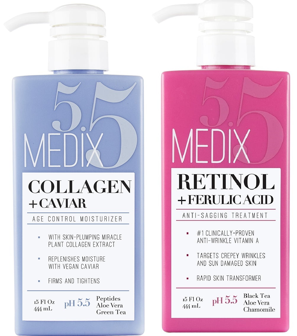 Medix 5.5 Retinol Cream and Collagen Cream Set. Retinol Cream with Ferulic Acid Targets Crepey Skin and Wrinkles. Collagen Cream Firms Sagging Skin. Set of Two 15 fl oz