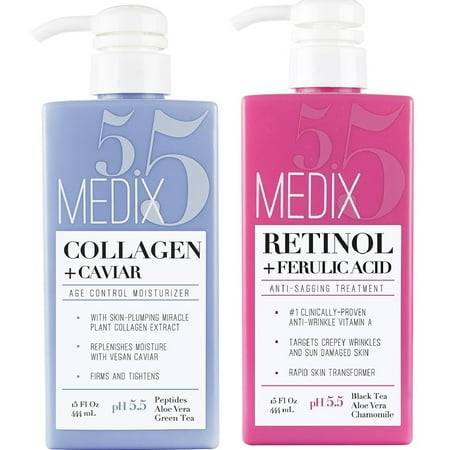 Medix 5.5 Retinol Cream and Collagen Cream Set. Medix 5.5 Retinol Cream with Ferulic Acid targets Crepey Skin, Wrinkles and Sun Damaged Skin. Collagen Cream firms and tightens Sagging Skin. Two