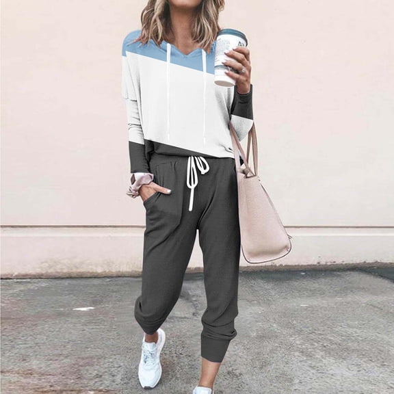 Homenesgenics 2-Piece Lounge Set Women's Hooded Drop-shoulder Sleeve Elastic Waist Drawstring Pockets Long Pants Set White XL