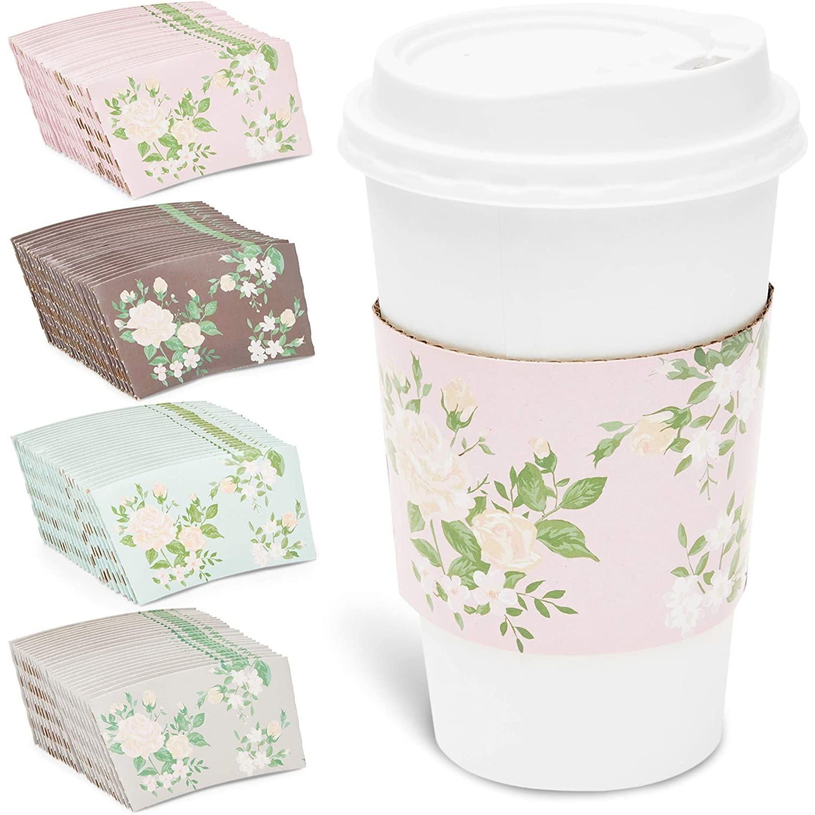 100 Pack Vintage Floral Corrugated Paper Coffee Tea Cup Sleeves Bulk