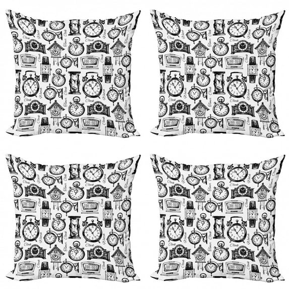 Ambesonne Vintage Throw Pillow Cover 4 Pack, Hand Drawn Clocks, 16", Black and White