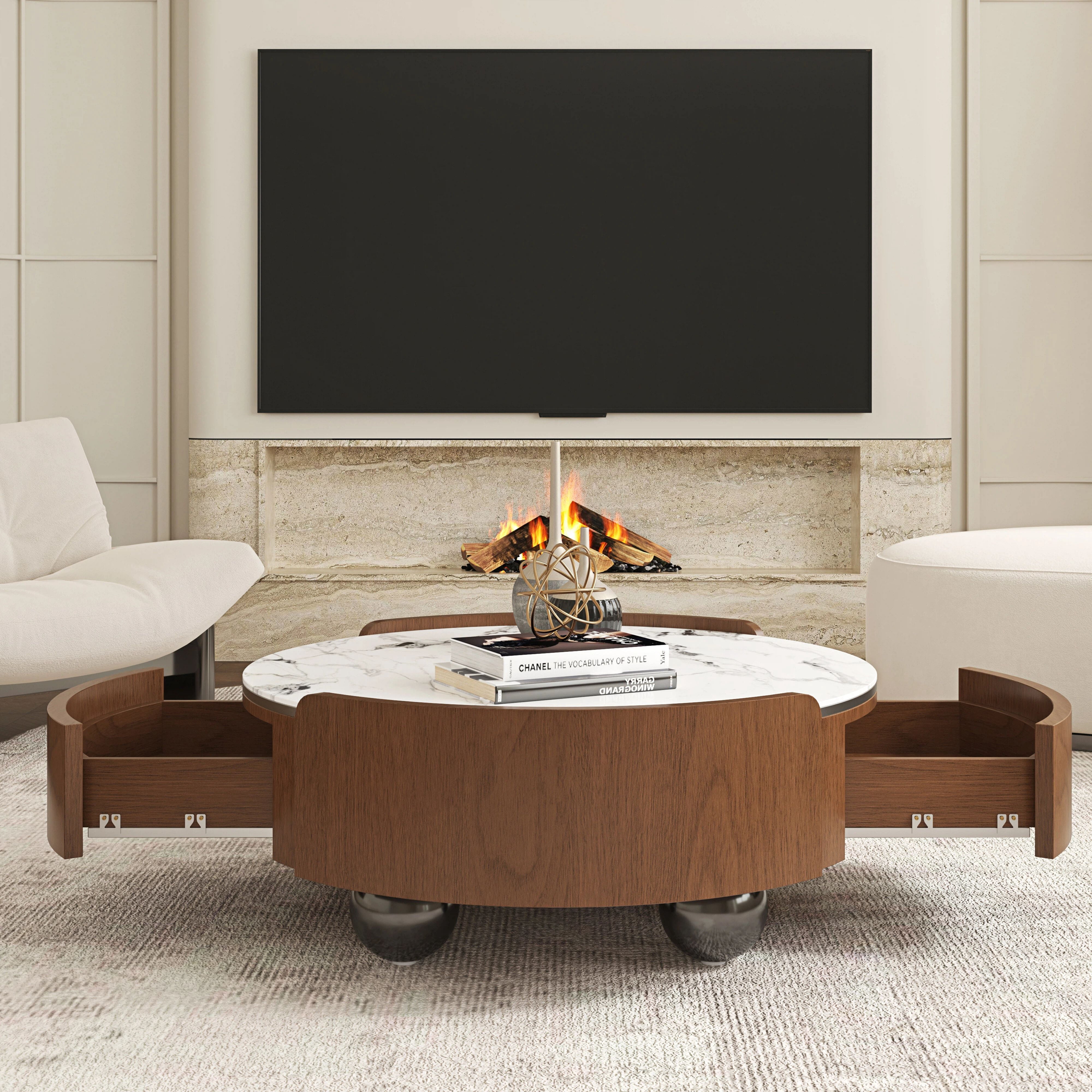 Euroco 35.43" Round Coffee Table with 2 Storage Drawers, Mid-Century Modern Wood Cocktail Table for Living Room,Bedroom Home Office,Walnut