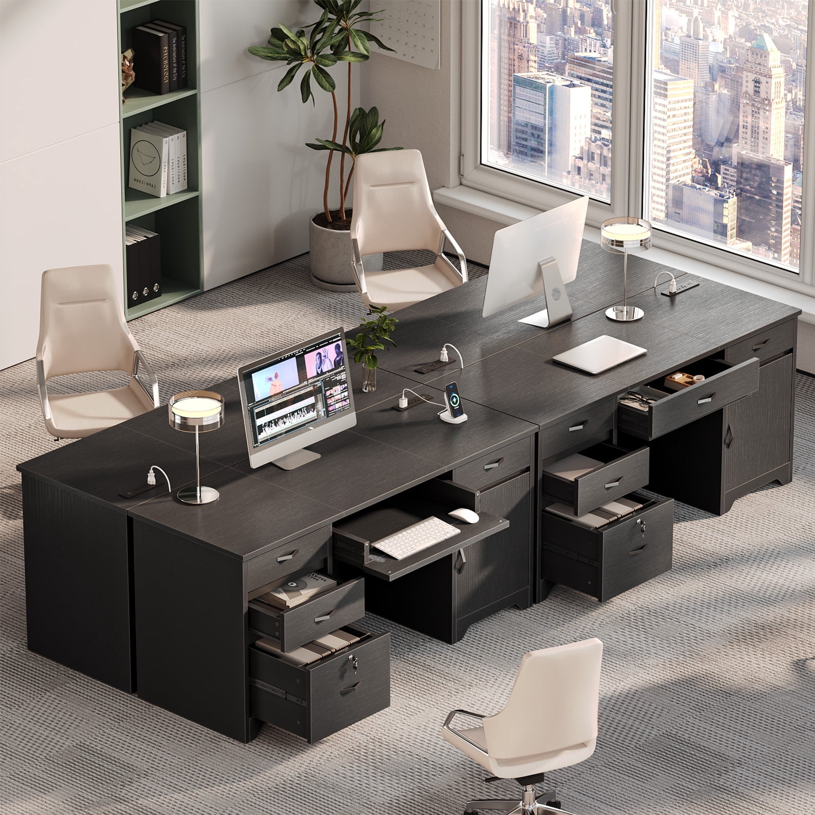 Bestier Computer Desk with 5 Drawers, 59'' Office Desk with Storage, Modern Executive Desk with File Drawers and Storage Cabinets, Charging station, Keyboard Tray, Suitable for Study& Bedrooms Black