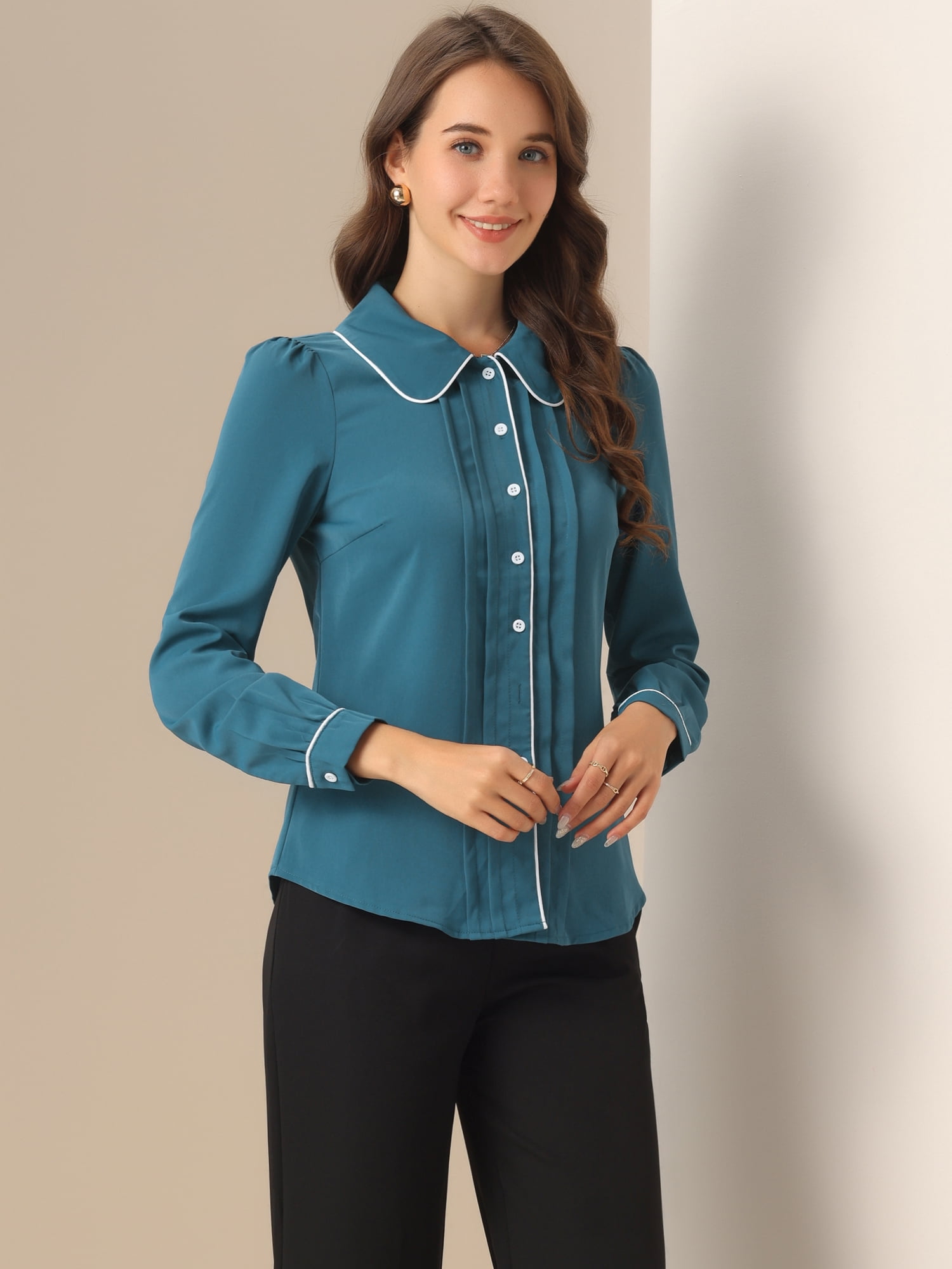 DARING DIVA Women's Peter Pan Collar Puff Sleeve Work Blouse XS Blue Green