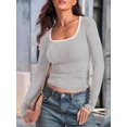 thumbnail image 4 of Women'S Long Sleeve Basic Tops Square Neck Ribbed Knit Color Block Shirts Fitted Light Gray XXL, 4 of 9