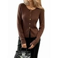 thumbnail image 2 of Women Fall Cardigan Sweaters Long Sleeve Button Up Ribbed Knit Tops Brown S, 2 of 7
