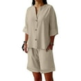 thumbnail image 3 of Jinhomg Two Piece Short Set for Women Cotton Linen Short Sleeve Sweatsuit Sets Buttons Down V Neck Lounge Tracksuits Khaki,S, 3 of 7