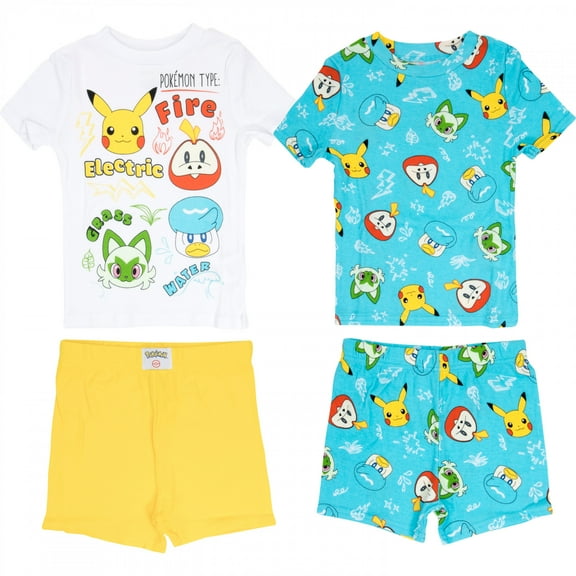 Pokemon Grass Water Fire and Electric Boy's 4-Piece Pajama Set-Size 4