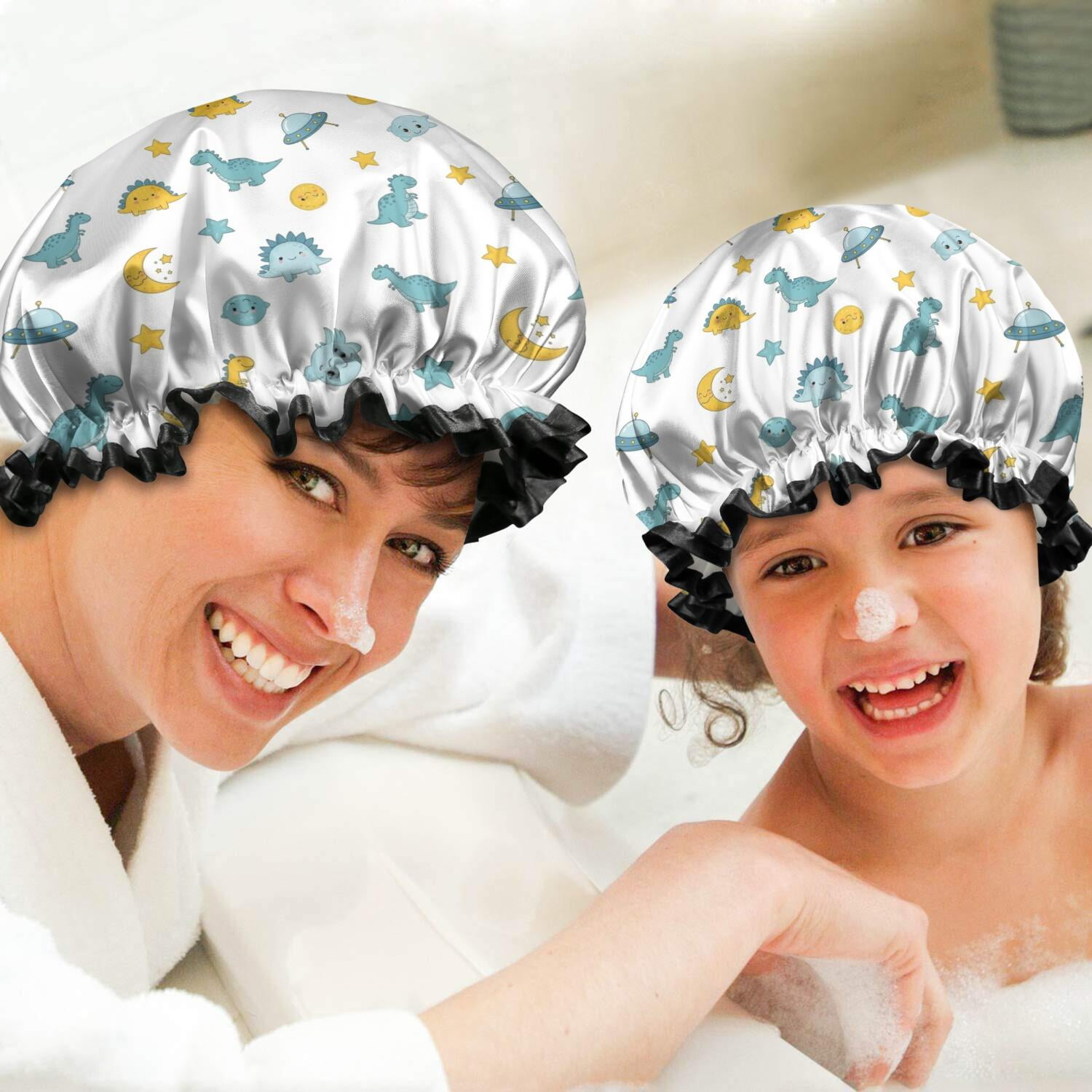 Shower Caps,White Cartoon Dinosaurs UFOs Stars Pattern Waterproof Shower Cap for Women 4 Pieces,Double Reusable Hair Cover for Shower PEVA Elastic Stretch Hem