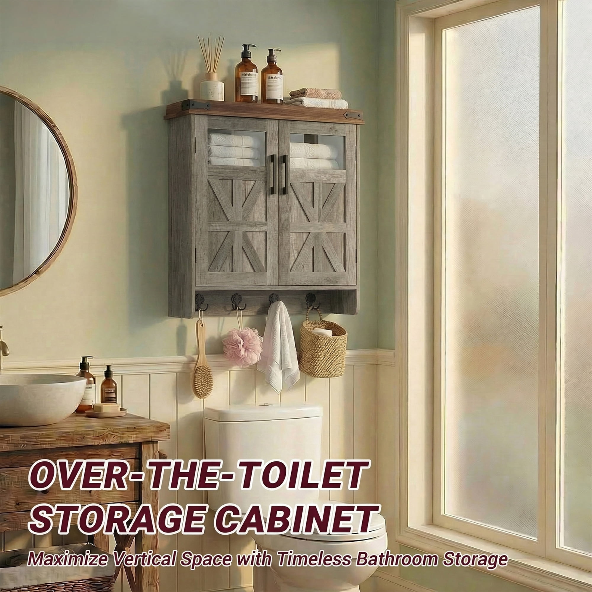 HOQBN Wall Storage Cabinet, Farmhouse Cabinet with Adjustable Shelves & Hook, Bathroom Storage for Small Bathrooms, Kitchen, Laundry Brown Grey