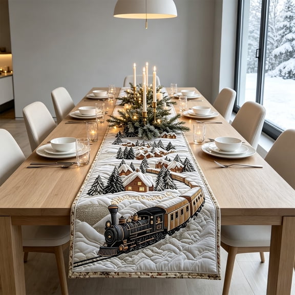 Quilted Christmas Table Runner 14x48 in, Winter Train Scenic Dining Table Runner Cover for Holiday Kitchen