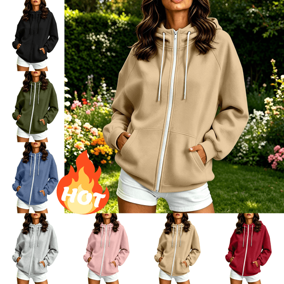 Mifsaly Womens Zip Up Hoodies Women Oversized Hooded Sweatshirt Casual Loose Fit Long Sleeve Athletic Jacket with Pockets for Everyday Activewear Lounge Khaki,XL