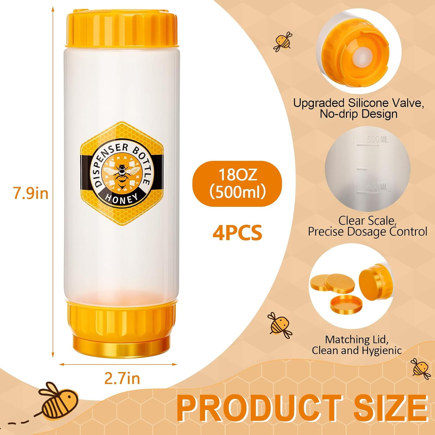 4 Pcs Honey Dispenser No-drip with Lid, & Syrup Squeeze Bottle, Refillable Condiment Bottle Bpa-free, More Hygienic for Sauces Ketchup Kitchen Pancakes Salad Dressings (18 oz)