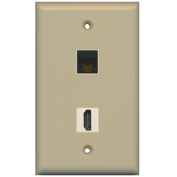 RiteAV - 1 Cat6 Black Ethernet and 1 HDMI Port Wall Plate - Ivory - Bracket Included