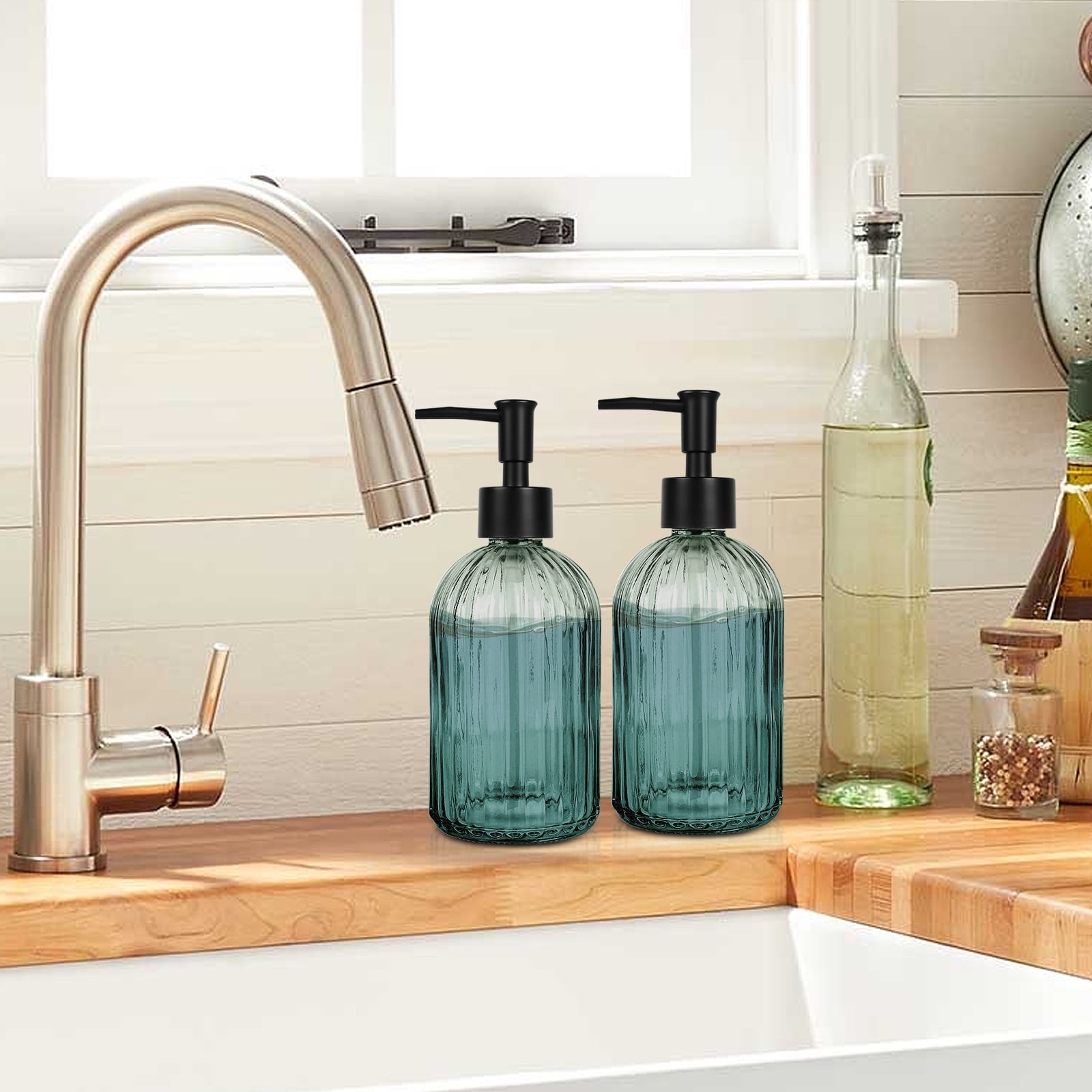 Vintage Ribbed Green Glass Dispenser, 13oz Large Capacity, Multi-Purpose Emulsion/S soap Dispenser (Suitable for Essential Oil Lotion, Shower Gel, Hand Soap, etc.)