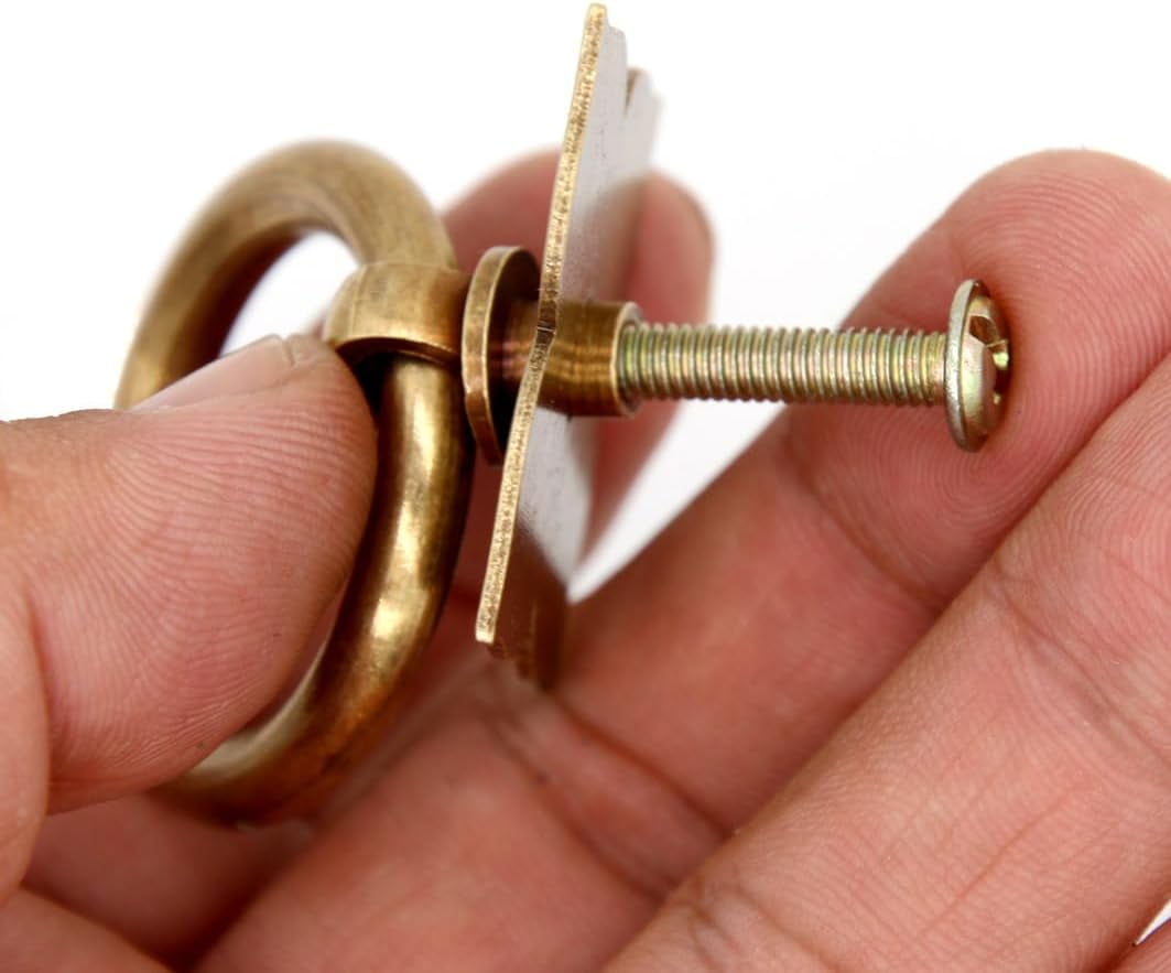 ABCISI 6 PCs Pure Copper Ring Pulls - Vintage Antique Brass Ring Pulls with Four-Leaf Clover Shaped Base - Pure Solid Brass Core - Ring Size 1.4" (3.5 cm)